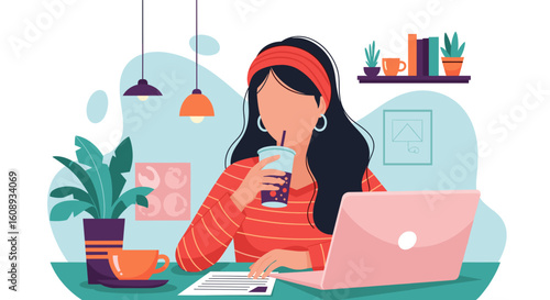 Woman working on laptop at home office, drinking boba tea. Perfect for blog posts, websites, or social media.