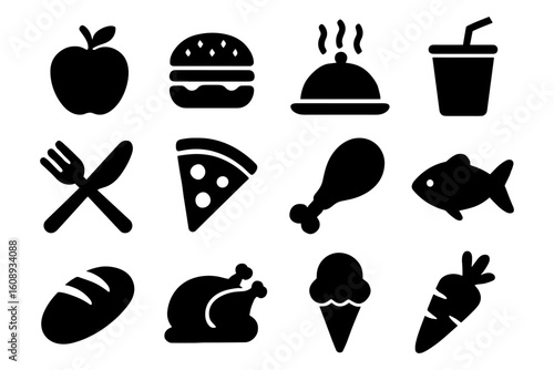 Silhouette icons of popular foods and drinks in simple black style