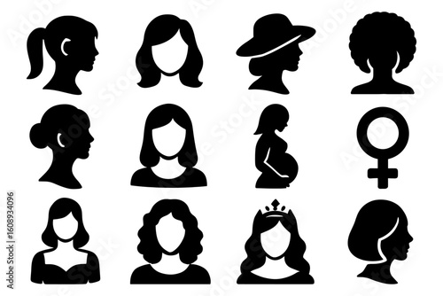 Silhouette set of diverse female profiles and symbols