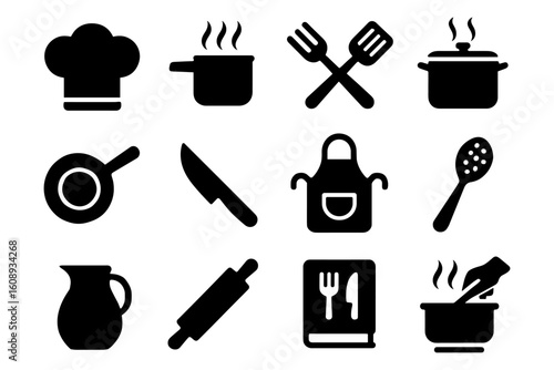 Kitchen tools icons set: cooking pot, chef hat, rolling pin, knife in bold silhouette style