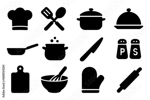 Silhouette kitchen utensils and cookware icon set for culinary design