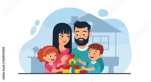 Happy family playing with building blocks at home. Ideal for family blogs, parenting websites, or children's product advertising.