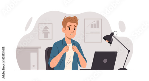 Worried young man working on laptop, illustration for stress, anxiety, or deadline concept.