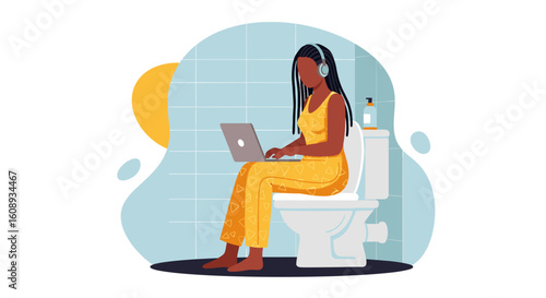 Woman working on laptop while sitting on toilet, illustration for articles about work-life balance or remote work.