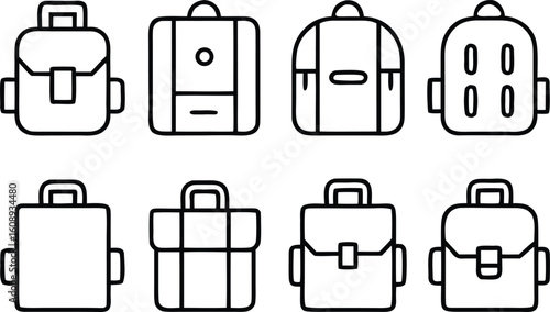 Collection of eight simple outline icons representing different styles of backpacks and bags