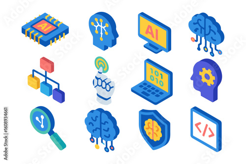 Isometric ai and technology icons with neural network and code elements