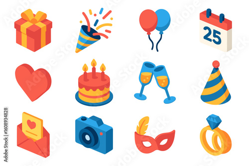 Festive celebration icons in isometric style: gifts, balloons, and party symbols