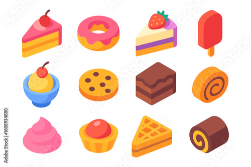 Colorful isometric desserts collection: cakes, donuts, and more sweet treats