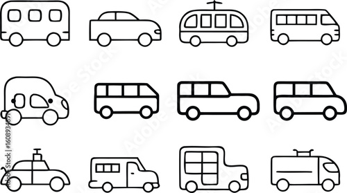 Collection of simple outline drawings of various vehicles and transportation modes