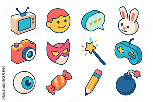 Colorful cartoon icon set for communication and entertainment elements