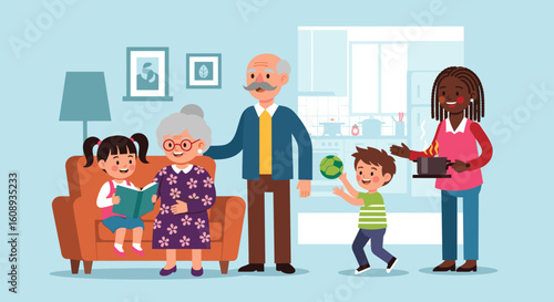 Happy multigenerational family at home, perfect for family, togetherness, and generational themes. Ideal for brochures, websites, and social media.