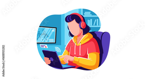 Young woman working from home, using laptop and headphones, perfect for websites and blogs about remote work.