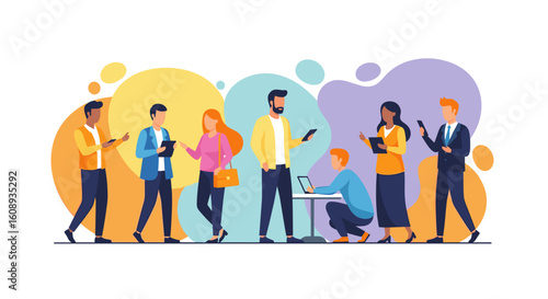Diverse group of professionals collaborating and using technology, ideal for website banners or marketing materials.