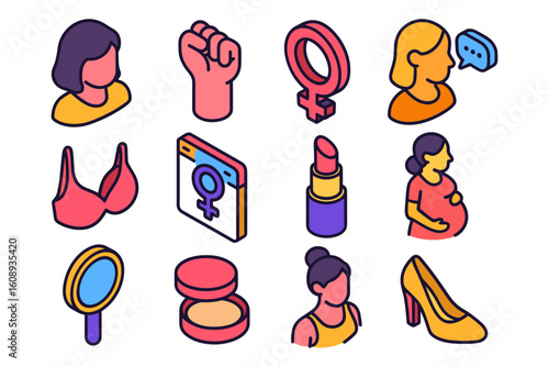 Empowerment and feminism icons: diverse, colorful, isometric signs for women’s rights and gender equality