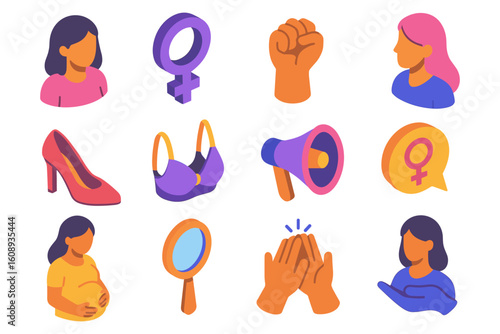 Empowerment icons: women's rights and feminism isometric design