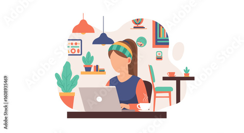 Woman working on laptop in cozy cafe, perfect for blog posts, website banners, or social media.