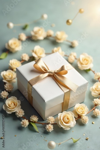 Elegant Gift Box Surrounded by Delicate Cream Roses and Gold Accents on a Soft Green Surface