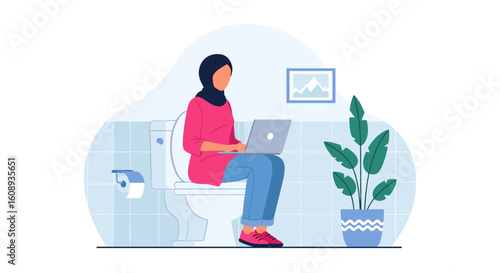 Woman working on laptop in bathroom -  illustration for blog, article or website.