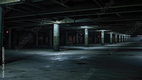 Dimly lit parking garage with concrete pillars. AI.