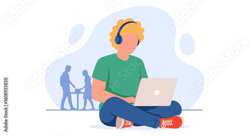 Young person working on laptop, headphones on, ideal for website banners, blog posts, or online articles about remote work or studying.