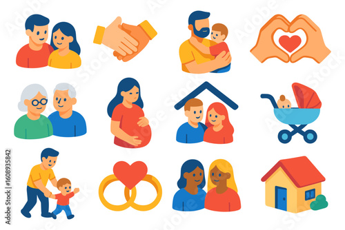 Family and relationship icons: love, parenthood, and togetherness in colorful flat design