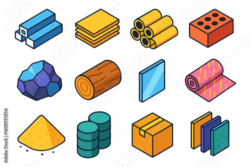 Isometric construction materials icons set: steel, wood, brick, and more