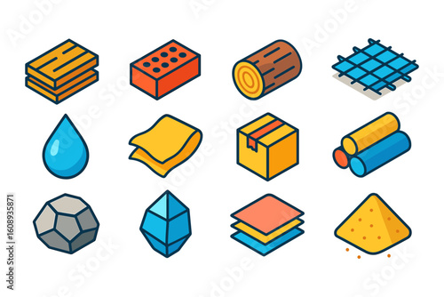 Colorful outline icons of construction and industrial materials
