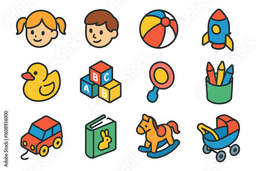 Colorful playtime icons: toys, games, and childhood fun in a linear style
