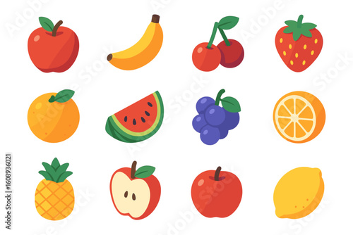 Colorful flat fruit icons featuring apples, bananas, and berries on a white background