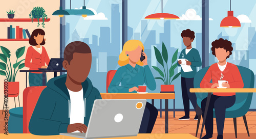 Diverse team of coworkers collaborating in a modern office, ideal for illustrating teamwork and productivity.