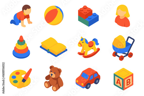 Colorful isometric toy icons set for kids play and learning