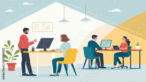 Teamwork in a modern office: Illustration perfect for websites, presentations, and marketing materials.