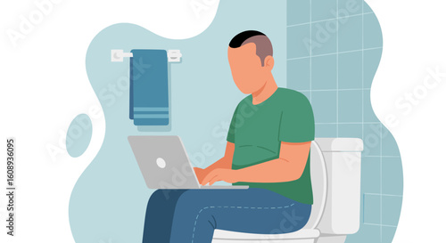 Man working on laptop in bathroom - Illustration for articles about work-life balance or remote work.
