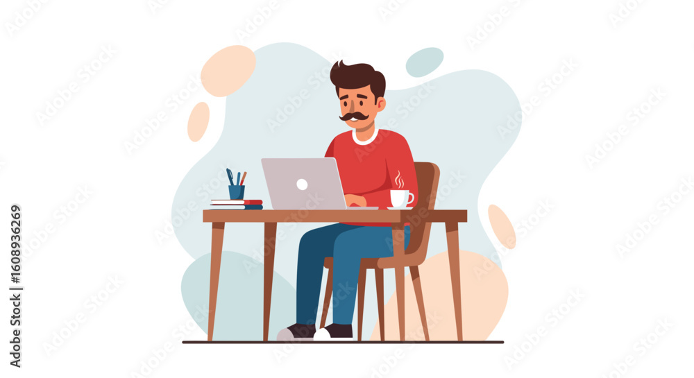 Fototapeta premium Man working on laptop at desk, perfect for website banners or blog illustrations.