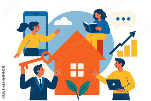 Collaborative real estate development concept with diverse team and growth elements