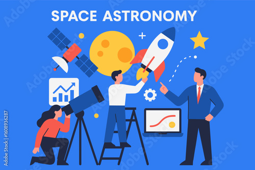 Exploring space astronomy: flat design with rocket, telescope, and planets
