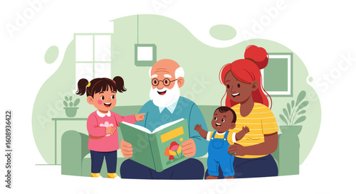 Happy multigenerational family reading a book together at home. Perfect for websites, brochures, and children's books.