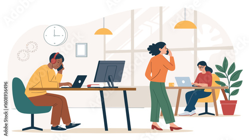 Modern co-working space illustration: diverse team collaborating, perfect for website banners or brochures.