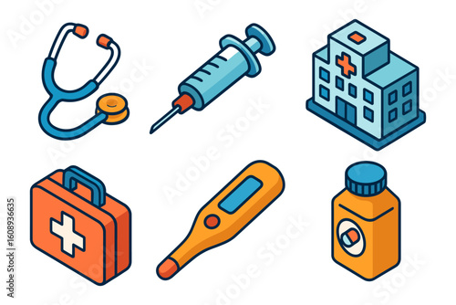 Colorful isometric medical icons set featuring healthcare essentials