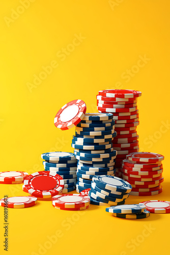 Stacked poker chips in vibrant colors on a bright yellow background, symbolizing gaming excitement