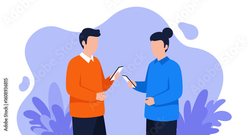 Two faceless people exchanging smartphones, ideal for websites or presentations on mobile technology, communication, or data transfer.