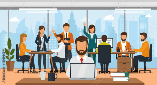 Diverse team of business professionals collaborating in a modern office with a city view. Ideal for websites, presentations, and brochures.