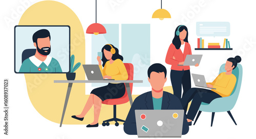 Remote Team Collaboration: Diverse professionals working together on laptops during a video conference, ideal for website banners or presentations.