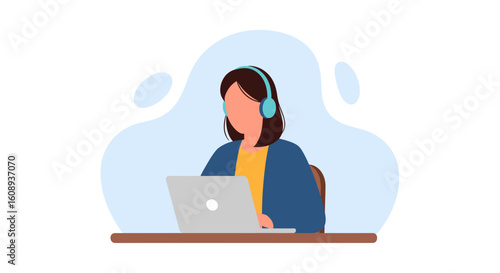 Woman with headphones working on laptop - perfect for websites, blogs, and presentations about remote work, communication, or online learning.