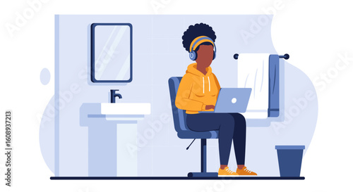 Woman working on laptop in bathroom, ideal for articles on remote work, work-life balance, or multitasking.