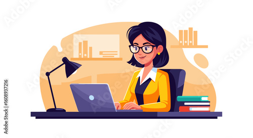 Happy businesswoman working on laptop at her desk. Perfect for websites, presentations, and marketing materials.