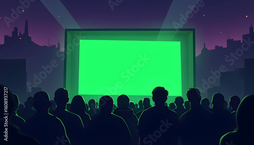 A captivating outdoor cinema experience under the night sky with a green screen backdrop