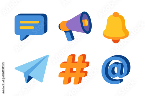 Colorful 3d communication icons featuring megaphone, hashtag, bell, and at symbol