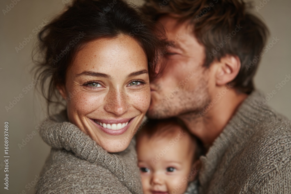 Family bond shines as parents share joy with their smiling baby in a cozy indoor setting Family bond shines as parents share joy with their smiling baby in a cozy indoor setting