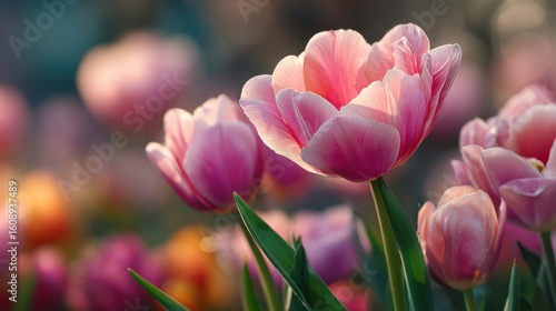 Vibrant Pink Tulips Blooming in a Lush Green Field Under a Bright Blue Sky Evoking Joy and Freshness